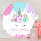 Aperturee - Floral And Unicorn Gold Glitter Round Birthday Backdrop